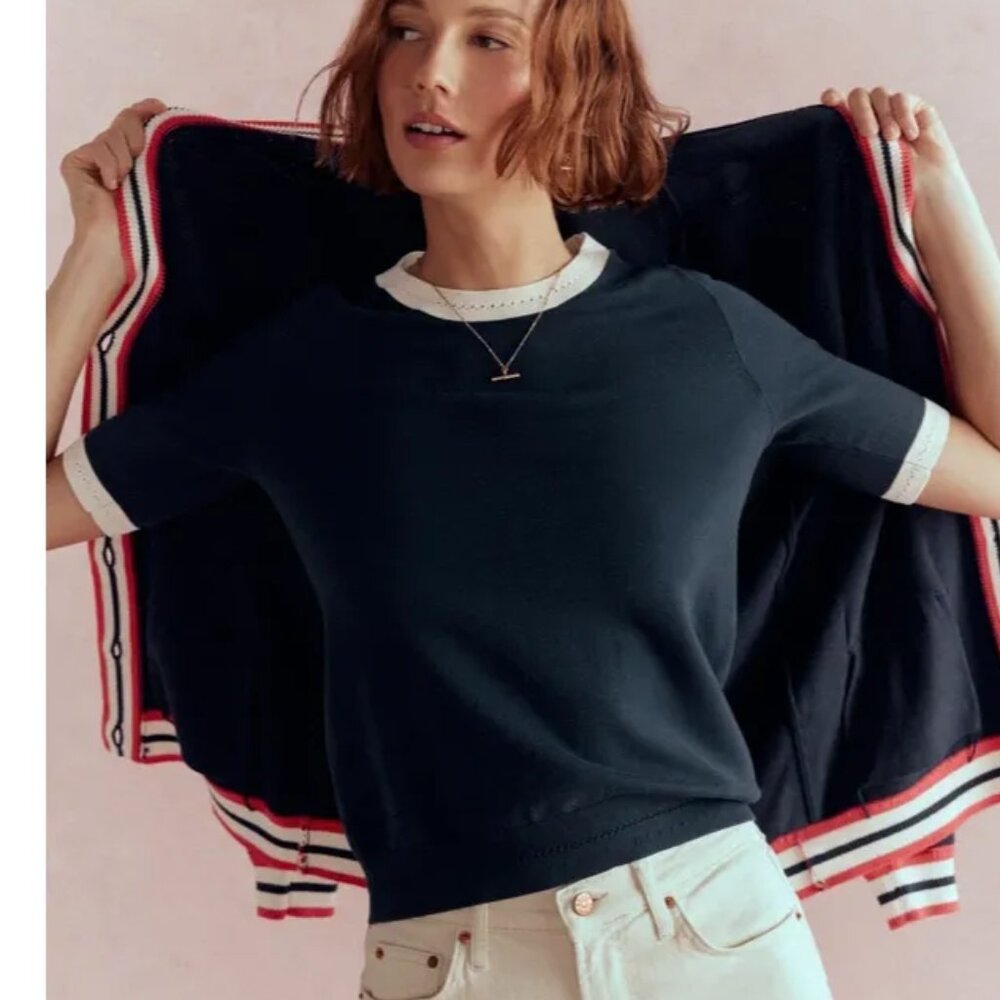 NWT Boden Emilia Cotton Knit T-Shirt Short Sleeve Navy Top Cotton Contrast M